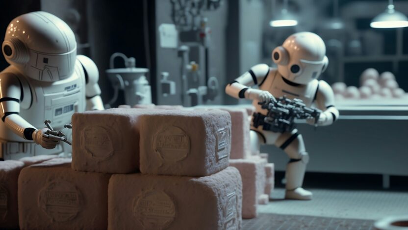 a robot holding a gun next to a pile of rolls of toilet paper